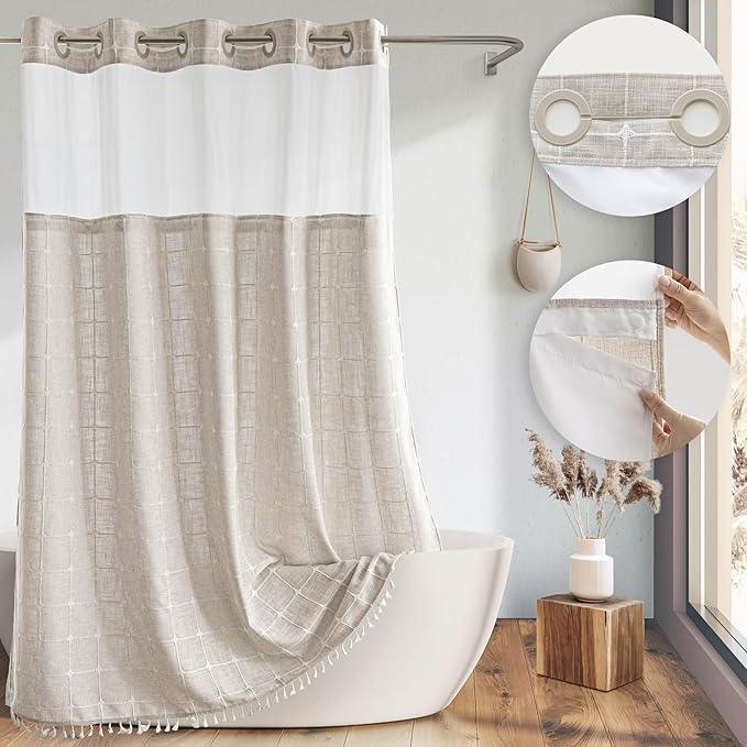 River Dream Farmhouse Linen Textured Shower Curtain with Snap-in Liner Set, No Hooks Needed, with Tassels for Rustic Bathroom Decor,with Window,with Magnets,Linen,71Wx74H - ModernBath