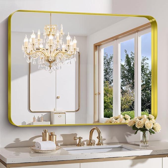 FORBATH 48x36 Inch Bathroom Mirror, Brushed Gold Deep Frame Wall Mirror with Rounded Corners, Anti-Rust Glass for Modern Farmhouse Vanity (Horizontal/Vertical Hanging) - ModernBath