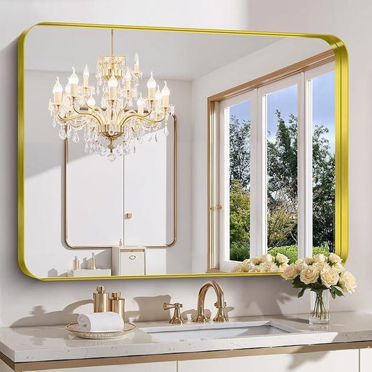 FORBATH 48x36 Inch Bathroom Mirror, Brushed Gold Deep Frame Wall Mirror with Rounded Corners, Anti-Rust Glass for Modern Farmhouse Vanity (Horizontal/Vertical Hanging) - ModernBath