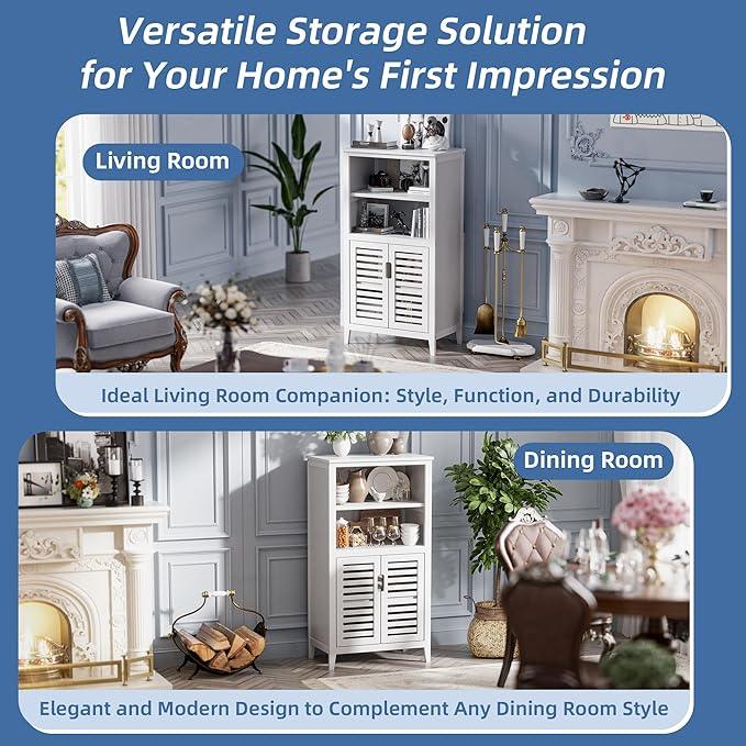 HITNET White Bathroom Cabinet, Bamboo Storage Cabinet Freestanding, Side Tall Storage Organizer for Kitchen Living Room Entryway - ModernBath