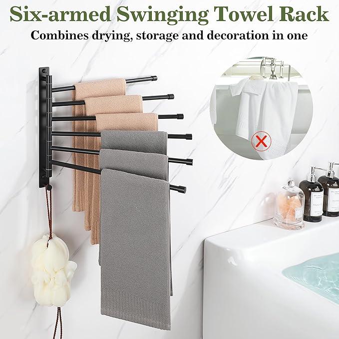 Alise Swivel Towel Rack, SUS304 Stainless Steel 6 Arms Towel Bar, Space Saving Swing Out Towel Bar with Hook, Towel Racks Wall Mounted for Bathroom, Matte Black - ModernBath