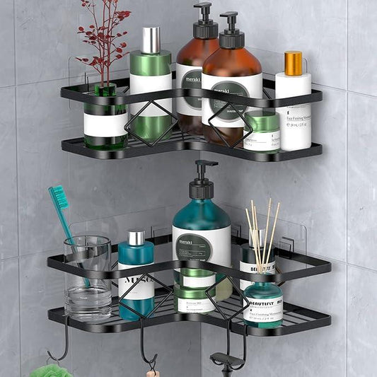 Shower Caddy, 2 Pack Corner Organizer Shelf, Rustproof Wall Mount Shower Storage Rack, No Drilling, 40 lbs Capacity (Glossy Black) - ModernBath