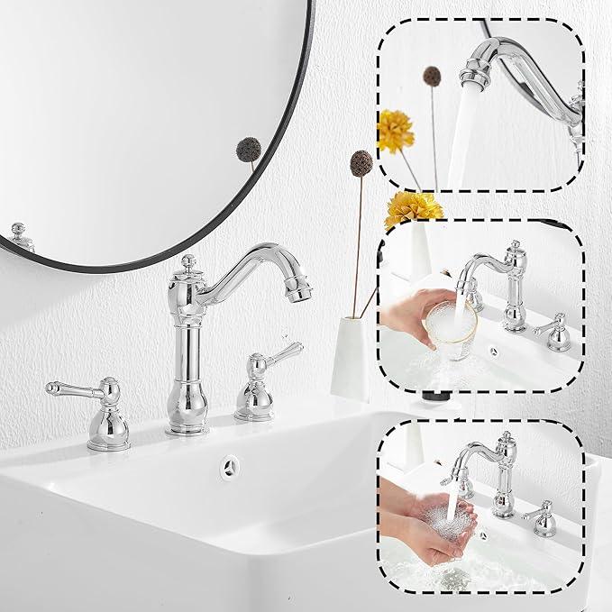 GGStudy 2 Handles 3 Holes Faucet Widespread Bathroom Sink Faucet Basin Tap Mixer Supply Hose Included Matching Pop Up Drain Polished Chrome - ModernBath