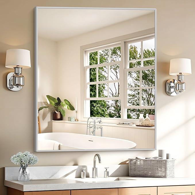 KOCUUY Silver Framed Mirror, 30"x36" Rectangle Bathroom Mirror for Wall, HD Tempered Glass, Anti-Rust Frame, Modern Design for Bathroom, Bedroom, Living Room, Entryway - ModernBath