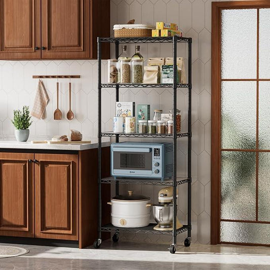 5 Tier Shelves Storage Shelf Wire Closet Bathroom Organizers Metal Pantry Kitchen Garage Shelving Unit Laundry Room Organization Home Rack Net Basket Black with Wheels 14”D X 24”W X 61”H - ModernBath