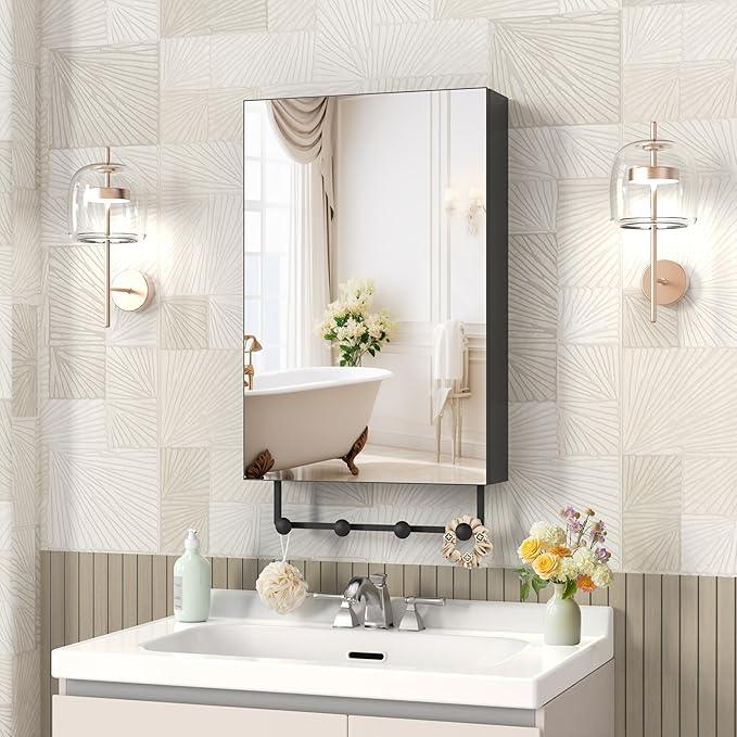 ANYHI 24"x16" Black Bathroom Cabinet with Mirror, Single Door Bathroom Wall Mirror Cabinet, 2 Adjustable Storage Organizer Shelves, 5 Removable Hooks - ModernBath
