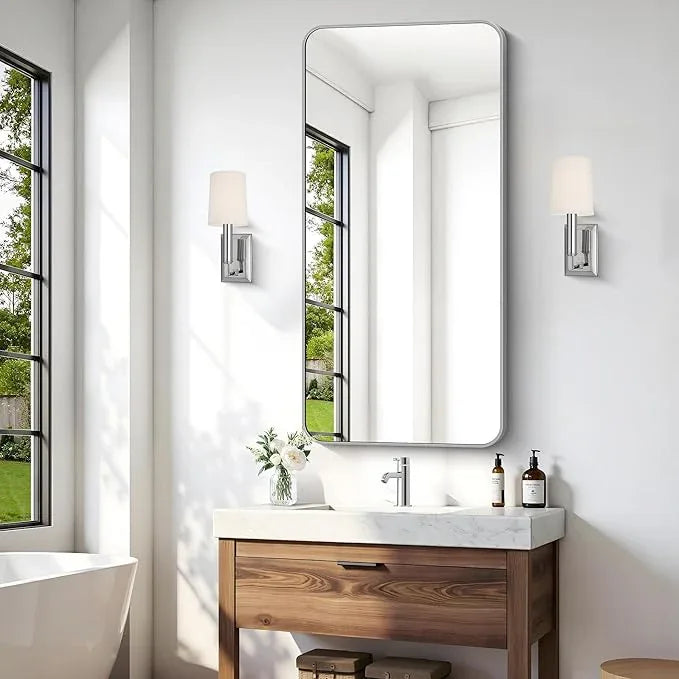 CIVENO 48x24 Inch Silver Bathroom Mirror, Metal Framed Silver Rectangle Mirror, Rounded Rectangular Vanity Mirror, Wall Mounted Mirrors for Living Room Bedroom Entryway Hangs Horizontal or Vertical - ModernBath