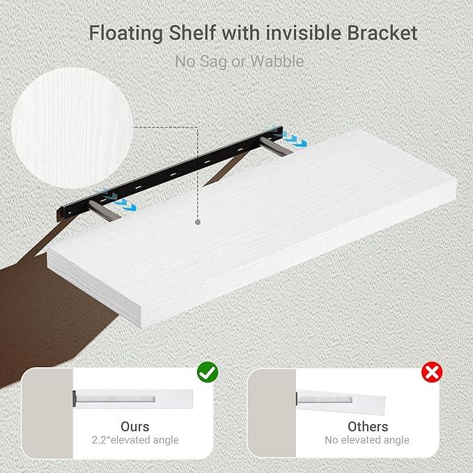 Vivelove Floating Shelves for Wall 24 inchs Long, 9.1” deep x 1.6” Wall Shelf for Bedroom, Bathroom, Living Room, Kitchen, Office Home Decor, Deep Wood Shelves with Invisible Brackets, Set of 2 White - ModernBath