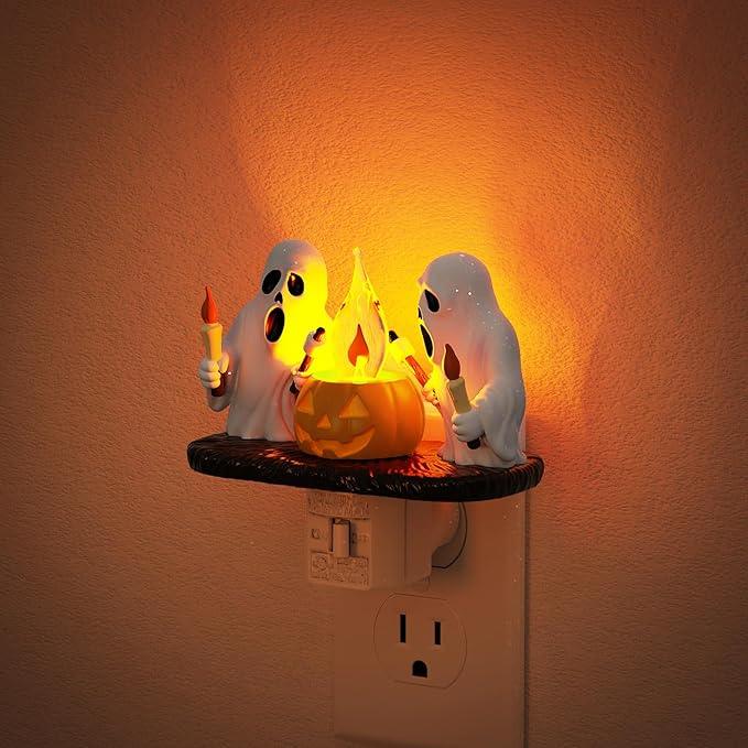 Halloween Night Light,Amber Night Lights Plug into Wall,Cute & Funny Flaming Jumping Night Light,Plug in Ghost & Pumpkin Nightlight with 360° Rotatable for Kids Halloween Party Decor, 1 Pack - ModernBath