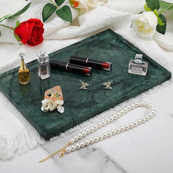 Real Luxurious Natural Marble Tray - 12x8 Inch Marble Vanity Tray for Perfume Display, Jewelry Organizer, Bathroom & Home Decor -Heavy Duty Non-Slip Stone Tray (Non-Resin/Non-Ceramic)（Green） - ModernBath