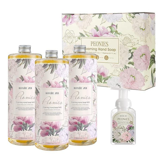 ROMIIE ZOI Foaming Hand Soap Refills 3-Pack (33.8 Fl Oz x 3) with Refilable Dispenser Peony Scented–Chemical-Free for Sensitive Skin, Bulk Refill Bottles for Bathroom & Kitchen Use - ModernBath