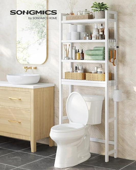 SONGMICS Over The Toilet Storage, 4-Tier Over Toilet Bathroom Organizer with Adjustable Shelves, 10.2 x 24.8 x 72.8 Inches, Space-Saving, Cloud White UBTS041W01 - ModernBath