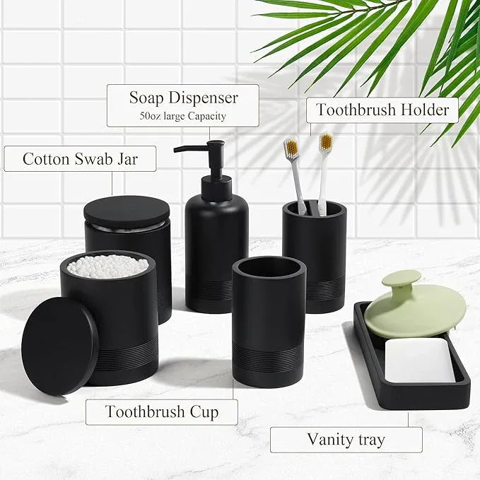Bathroom Accessories Set, 6-Piece Bathroom Accessory Set, Toothbrush Holders Set, Soap Dispenser, Vanity Tray, Tumbler, Cotton Swab Jars, Bathroom Organizer for Modern Bathrooms(Matte Black) - ModernBath
