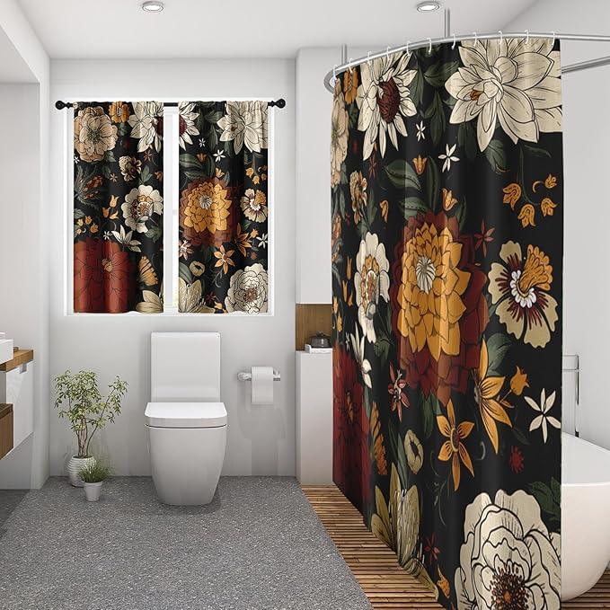 Culudea Boho Floral Black Shower Curtain Set, Vintage Flower Peony Plant Bathroom Window Waffle Textured Cloth Waterproof Shower Curtains for Bathroom Decor - ModernBath