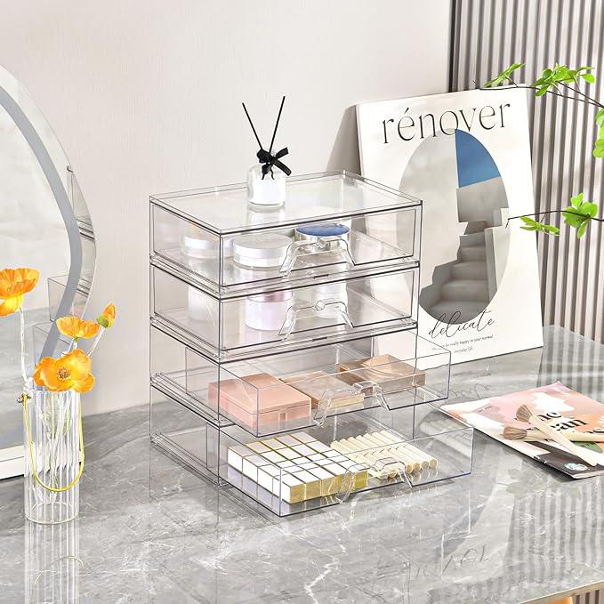 2 Pack Stackable Makeup Organizer, 12.1''L Acrylic Bathroom Organizer and Storage Undersink Drawer, Cosmetics and Beauty Supplies,Clear Plastic Storage Bins for Desk,Cabinet,Kitchen,Vanity,Pantry - ModernBath
