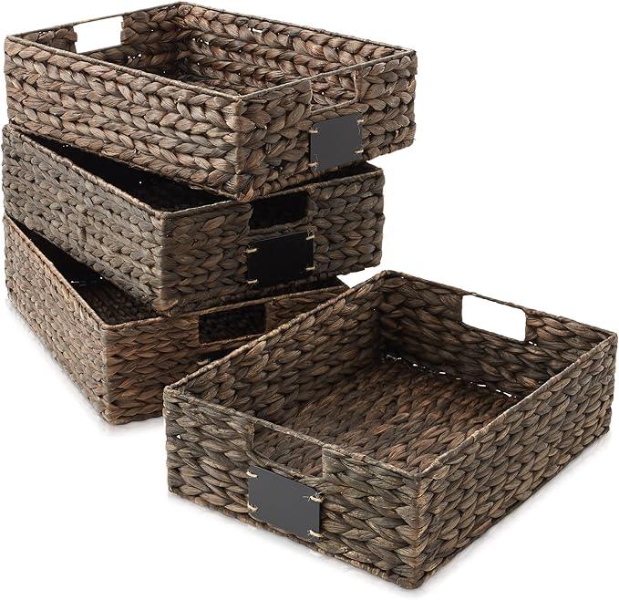 Casafield Set of 4 Water Hyacinth Pantry Baskets, 12-1/2" x 17" x 5", with Chalkboard Labels and Chalk Marker - Espresso, Woven Storage Bin Organizers for Kitchen Shelves - ModernBath