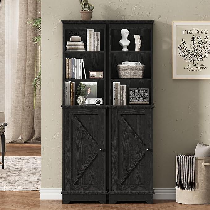 Narrow Bathroom Storage Cabinet with Door and Open Adjustable Shelves, 60.9" H Wooden Tall Tower Corner Farmhouse Cabinet, Freestanding Organizer for Kitchen, Entryway Black - ModernBath