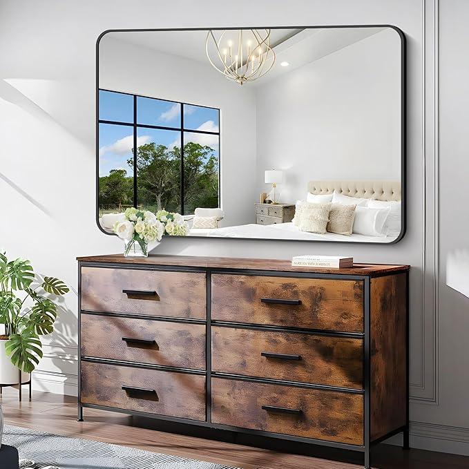 CIVENO Bathroom Mirror, 55 x 36 inch Black Rectangle Wall Mirror, Metal Frame Rounded Corner Vanity Mirror, Large Wall Mounted Mirrors for Over Sink Bedroom Living Room Horizontal Or Vertical Mounting - ModernBath