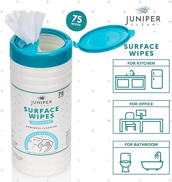 Juniper CLEAN 4 Pack Surface Cleaning Wipes Bleach Free, All-Purpose Cleaner for Bathroom, Kitchen, Office, 300 Count Canister, 7.5" x 7" Sheet, Fresh Scent, Lint Free & Durable - ModernBath