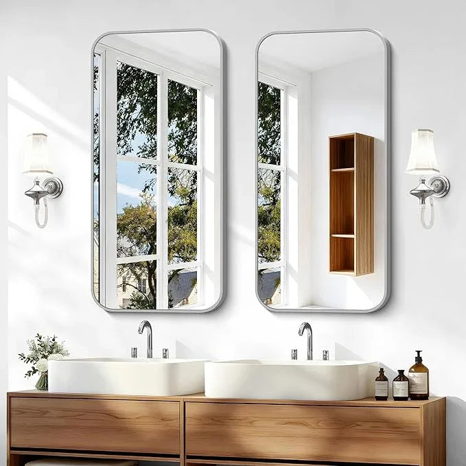 BONEWEI Silver Bathroom Mirror,20x40 inch Wall Mirror for Bathroom Wall Mounted,Rectangle Mirror for Bathroom Over Sink,Modern Frame Round Corner for Living Room,Bedroom Entryway,Horizontal/Vertical - ModernBath