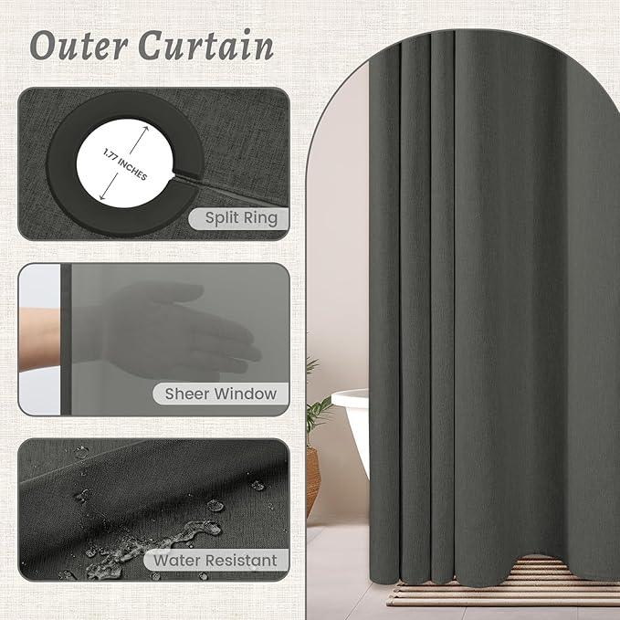 WONICY No Hook Shower Curtain with Snap in Liner, Polyester Textured Shower Curtain with Liner Set, Waterproof Washable Hotel Style Shower Curtains for Bathroom, 71Wx74H, Charcoal Grey - ModernBath