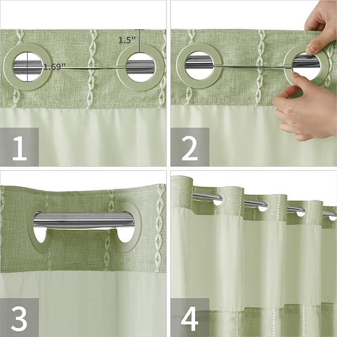 eachope No Hook Long Shower Curtain Set with Snap-in Fabric Liner,Linen Ultra Thick Fabric with Tassels,Boho Chic Modern Farmhouse Country Neutral Cloth Shower Curtains for Bathroom,Sage Green,71x80 - ModernBath