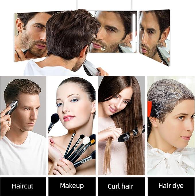 GLDDAO LED 3 Way Mirror to See Back of Head 360 Mirror for Women for Braiding Hair Telescoping Hooks Anti-Fog HD Glass Three Way for Self Hair Cutting Makeup Trifold - ModernBath