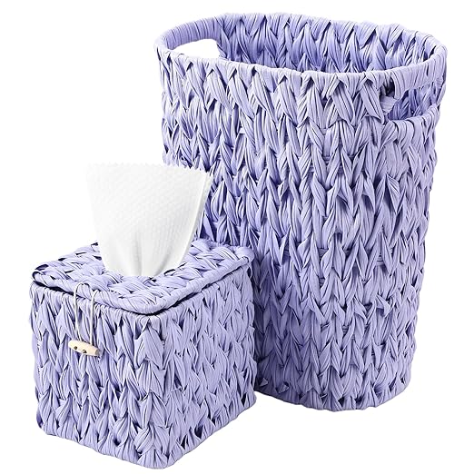 BSSN Wicker Trash Can & Square Tissue Box, Handwoven Waterproof Waste Basket with Handles, Wicker Home Set for Bedroom, Bathroom, Kitchen, Office, Balcony (Light Purple)