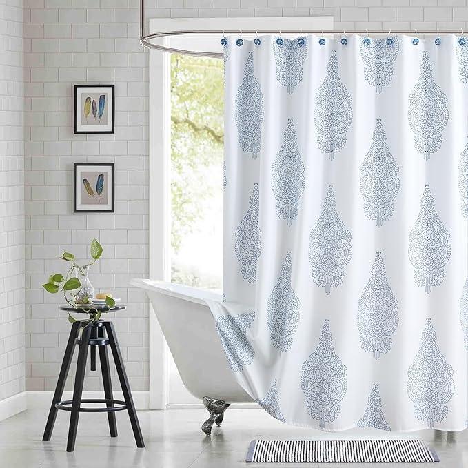 BESTRIPES Extra Long Fabric Shower Curtain, White and Blue Paisley Damask Medallion Print Shower Curtains for Bathroom, 72" W x 84" H - ModernBath