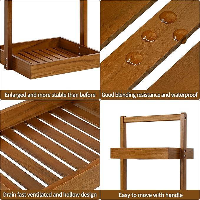 Utoplike Teak Shower Caddy Shelf, Standing Shower Organizer for Bathroom Corner, Wooden Freestanding Racks Storage for Inside Shower, Bath, Office, Stand Up 3 Tier Kitchen Desktop Organization - ModernBath