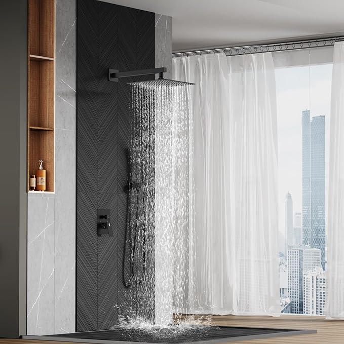 SR SUN RISE 12 Inches Matte Black Shower System 12 Inch Brass Bathroom Luxury Rain Mixer Shower Combo Set Wall Mounted Rainfall Shower Head System Shower Faucet Rough-in Valve Body and Trim Included - ModernBath
