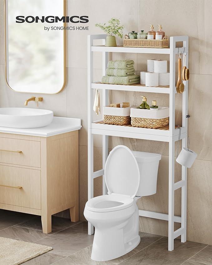SONGMICS Over The Toilet Storage, 3-Tier Over Toilet Bathroom Organizer with Adjustable Shelf, 10.2 x 24.8 x 66.9 Inches, Space-Saving, Cloud White and Natural Beige UBTS001W02 - ModernBath