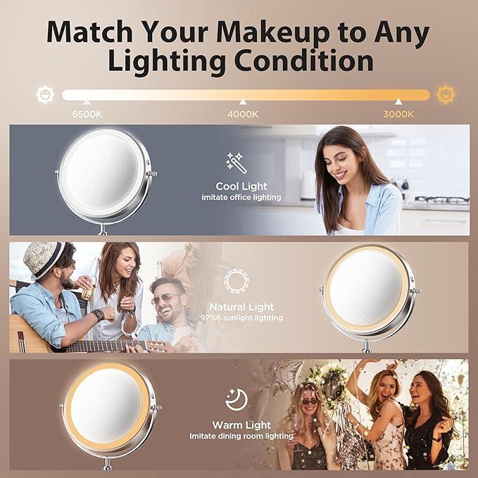 tubbede Makeup Mirror, 1X/30X Magnification with 3 Level LED Lights, 5000 mAh Rechargeable Double Sided 9” Magnifying Mirror with 360° Rotation, Perfect for Precision Grooming and Makeup, Women Gift - ModernBath