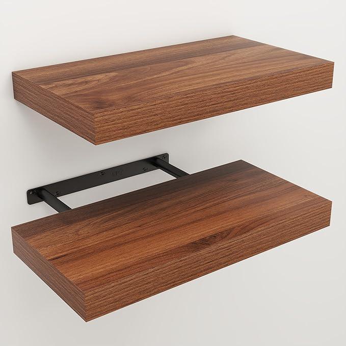 Floating Shelves for Wall, Wall Mounted Rustic Wood Shelves for Bathroom, Bedroom, Living Room, Kitchen, Hanging Shelf for Books/Storage/Room Decor (Walnut, 16") - ModernBath