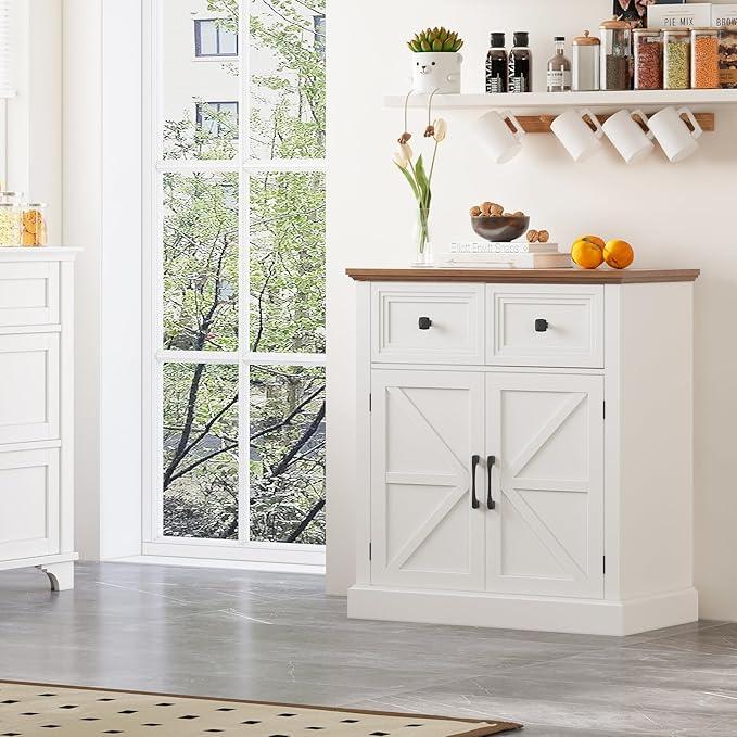 Vabches Farmhouse Buffet Sideboard with Drawers, Wood Pantry Cabinet with Storage, Rustic Storage Cabinet with Adjutable Shelf and Barn Door for Kitchen, Dining Room, Living Room, White - ModernBath