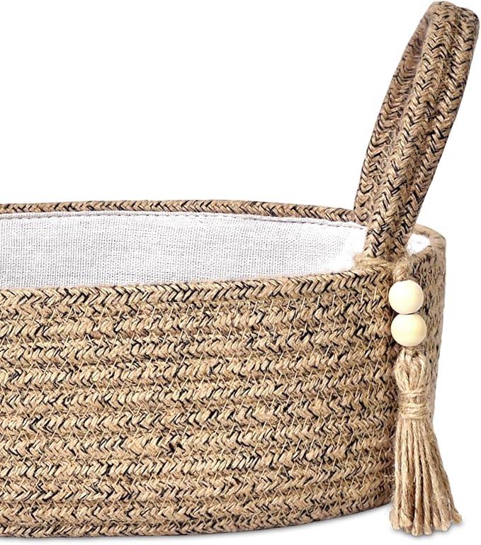 ABenkle Small Storage Basket for Toilet Tank Top - Jute Rope Woven Organizer with Handle, Boho Countertop Bathroom Decor, Toilet Paper Holder, 13x6x4 Inch - ModernBath