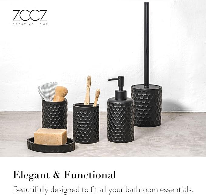 ZCCZ Bathroom Accessories Set 5 Pcs - Soap Dispenser, Toilet Brush, Toothbrush Holder, Tumbler, Soap Dish - Vintage Decor for Countertop Vanity Organizer, Black Bathroom Accessory Collection - ModernBath