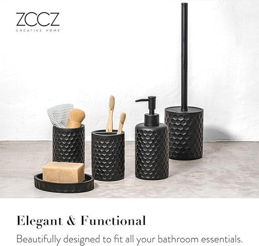 ZCCZ Bathroom Accessories Set 5 Pcs - Soap Dispenser, Toilet Brush, Toothbrush Holder, Tumbler, Soap Dish - Vintage Decor for Countertop Vanity Organizer, Black Bathroom Accessory Collection - ModernBath