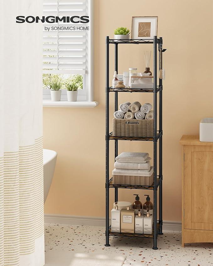 SONGMICS 5-Tier Bathroom Shelf, Storage Rack for Small Space, with 5 PP Shelf Liners, Removable Hook, Extendable Design, Ink Black and Rustic Brown ULGR023B02 - ModernBath