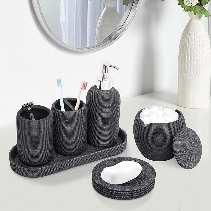 Resin Bathroom Accessory Set - 6PCS Bathroom Accessories Set, Bath Vanity Countertop Accessories with Soap Dish, Lotion Dispenser, Toothbrush Holder, Toothbrush Cup, Vantiy Tray, Qtip Holder (Black) - ModernBath