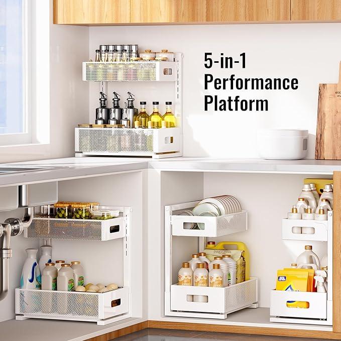Full Metal Under Sink Organizer, Pull Out Cabinet Organizers and Storage, Silk-Smooth Sliding Drawer for Kitchen, Bathroom, Pantry, Cabinet, Closet (White, 2 Pack) - ModernBath