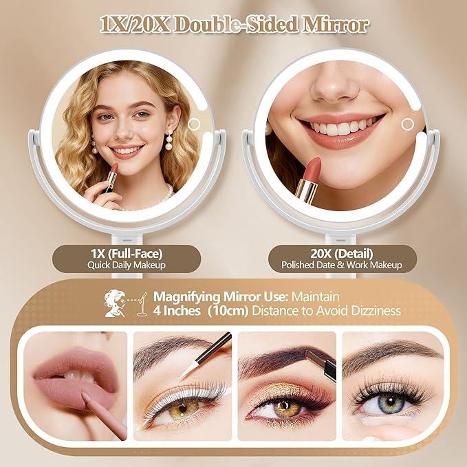 MOMOKUBA Makeup Mirror with Lights, Double Sided 1x/20x Magnifying Mirror with Light, Rechargeable 3 Color Lights and Adjustable Brightness, 360° Rotation Detachable Comes with Tweezer(White) - ModernBath