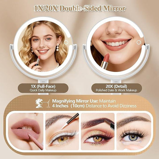 MOMOKUBA Makeup Mirror with Lights, Double Sided 1x/20x Magnifying Mirror with Light, Rechargeable 3 Color Lights and Adjustable Brightness, 360° Rotation Detachable Comes with Tweezer(White) - ModernBath