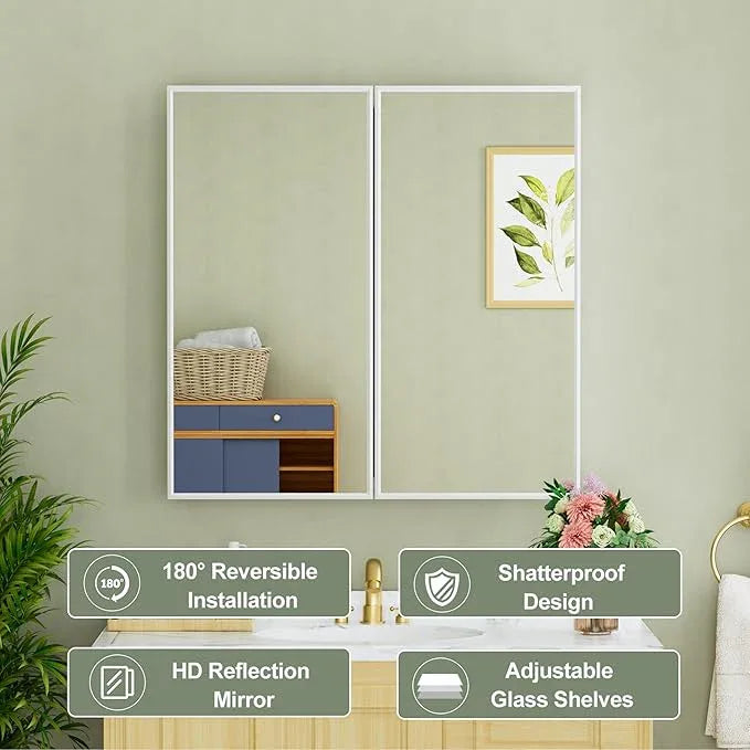 Buruis 30" x 30" Framed Medicine Cabinet with Mirror, Recessed or Wall Mounted Bathroom Cabinet, Adjustable Tempered Glass Shelves, Left/Right Open Reversible, No Assembly Required, White - ModernBath