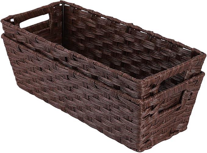 Onlytak Plastic Wicker Storage Baskets - Toilet Tank & Bathroom Baskets, Woven for Organizing, Brown, 15¾" x 6¾" x 4¾", 2-Pack - ModernBath