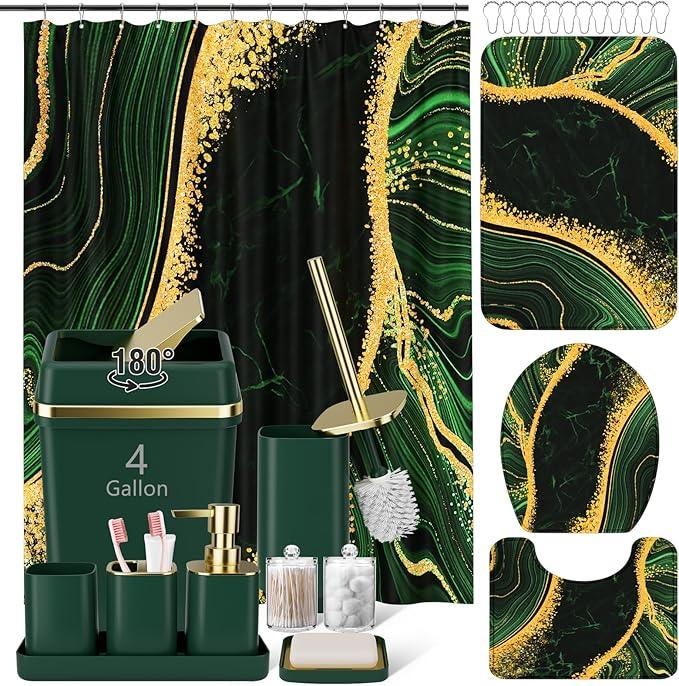 25PCS Bathroom Accessory Set, Dark Green Bathroom Set with Large-Capacity 4 Gallon Trash Can,Bathroom Rugs Set, Waterproof Shower Curtain, Toilet Brush, Toothbrush Holder & Soap Dispenser - ModernBath