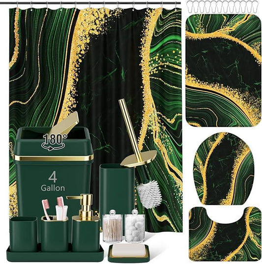 25PCS Bathroom Accessory Set, Dark Green Bathroom Set with Large-Capacity 4 Gallon Trash Can,Bathroom Rugs Set, Waterproof Shower Curtain, Toilet Brush, Toothbrush Holder & Soap Dispenser - ModernBath