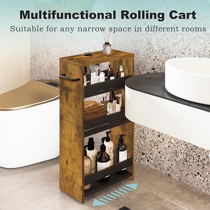 MARTY Rolling Storage Cart 7.9" W, 4-Tier Narrow Kitchen Cart with Wheels Handle, Slim Storage Mobile Shelving Utility Carts for Bathroom Laundry Room Organization Small Spaces(Rustic Brown) - ModernBath