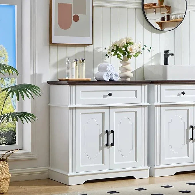 White Farmhouse Storage Cabinet with 2 Doors and 1 Drawer, Adjustable Shelf, Freestanding Kitchen Pantry Cabinet, Modern Buffet Sideboard Coffee Bar Cabinet Living Room Bathroom Dining Room - ModernBath