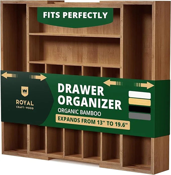 ROYAL CRAFT WOOD Luxury Bamboo Kitchen Drawer Organizer - Silverware Organizer - Utensil Holder and Cutlery Tray with Grooved Drawer Dividers for Flatware and Kitchen Utensils (9 Slot, Brown Bamboo) - ModernBath